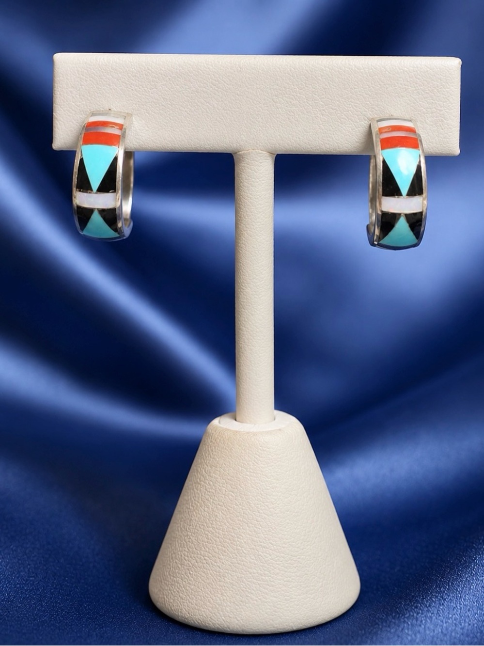 Earrings Zuni Native American Signed Inlaid Gemstone Post Hoops